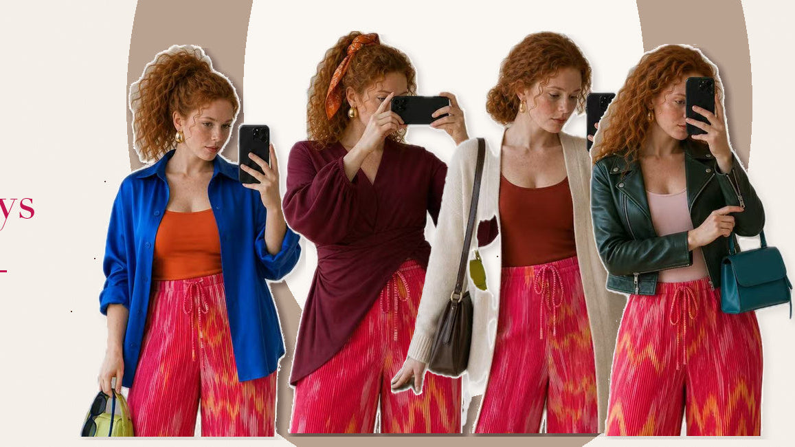 Plus-size woman styling pink tie-dye pleated wide-leg trousers in different outfits