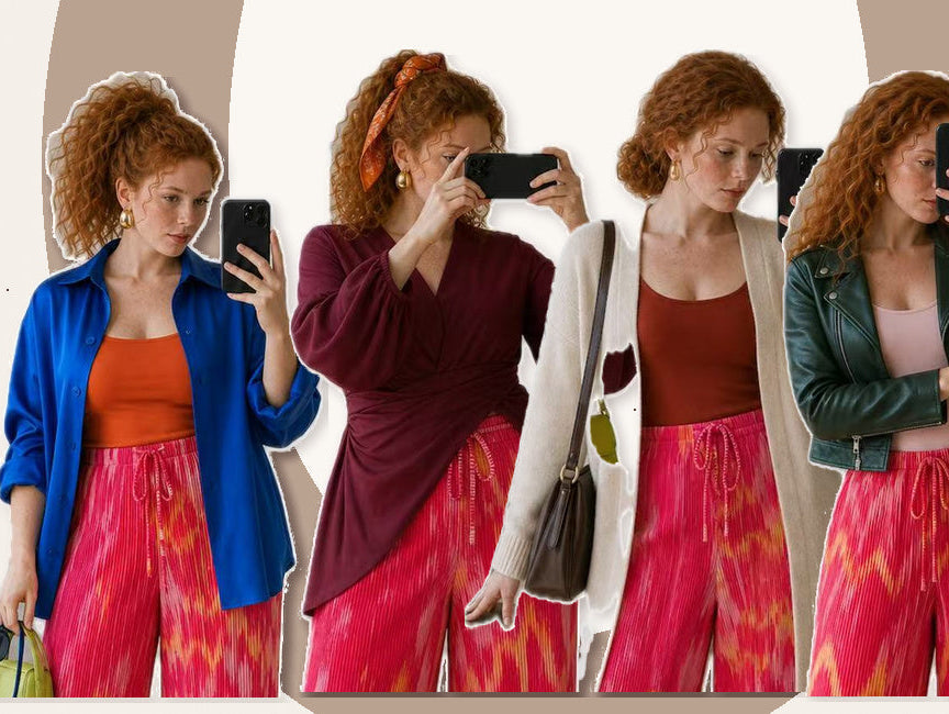 Plus-size woman styling pink tie-dye pleated wide-leg trousers in different outfits