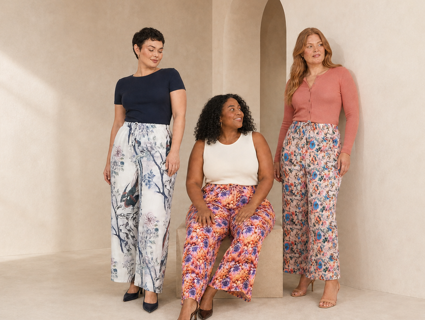 Three women styling porcelain blue, orange bloom and coral floral pleated wide-leg trousers in a warm cream studio.