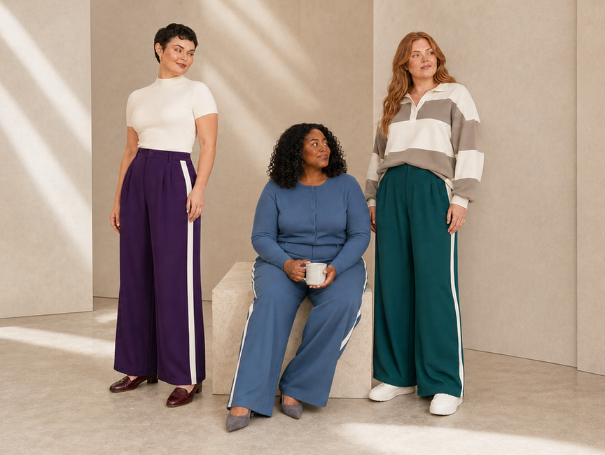 Three women in aubergine, slate-blue and deep-teal side-stripe wide-leg trousers in a cream studio.