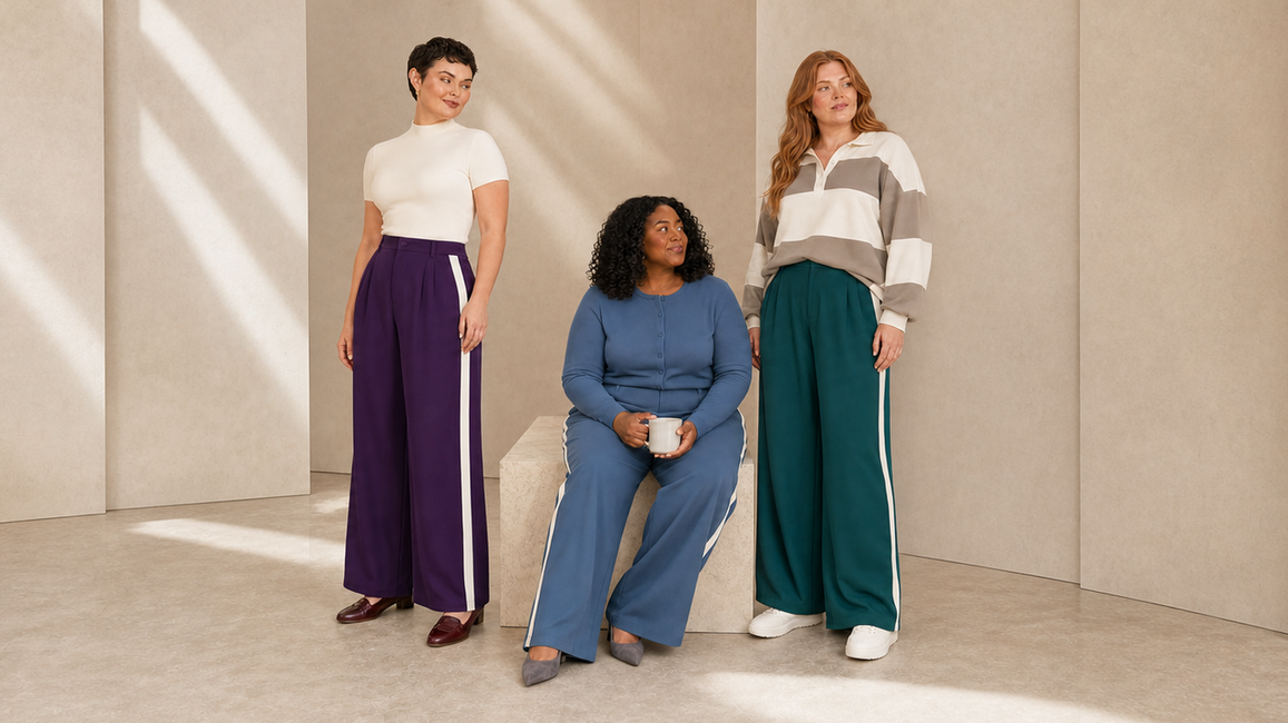 Three women in aubergine, slate-blue and deep-teal side-stripe wide-leg trousers in a cream studio.