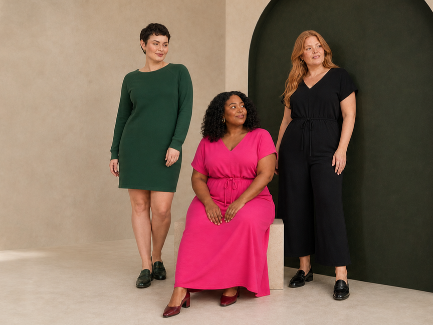 Three women wearing a forest-green straight dress, raspberry maxi dress and black wide-leg jumpsuit.