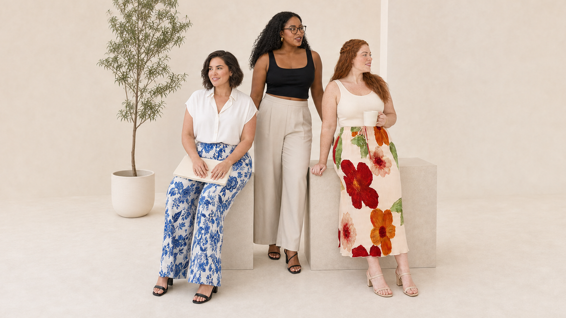 Three plus-size women in coordinated polished prints at work summer looks in a natural studio scene 