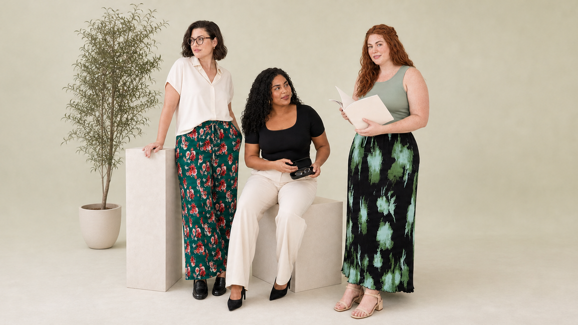 Three plus-size women in coordinated soft colour, strong shape summer looks in a natural studio scene 