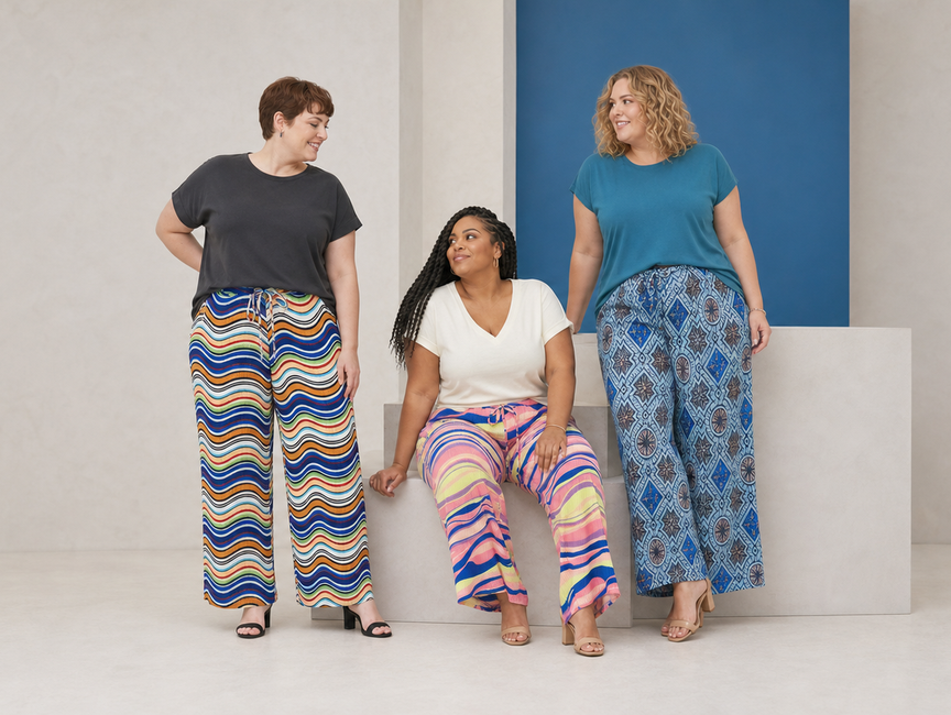 Three plus-size women wearing colourful pleated wide-leg trousers featuring wavy stripes, abstract prints and blue geometric patterns with simple tops.