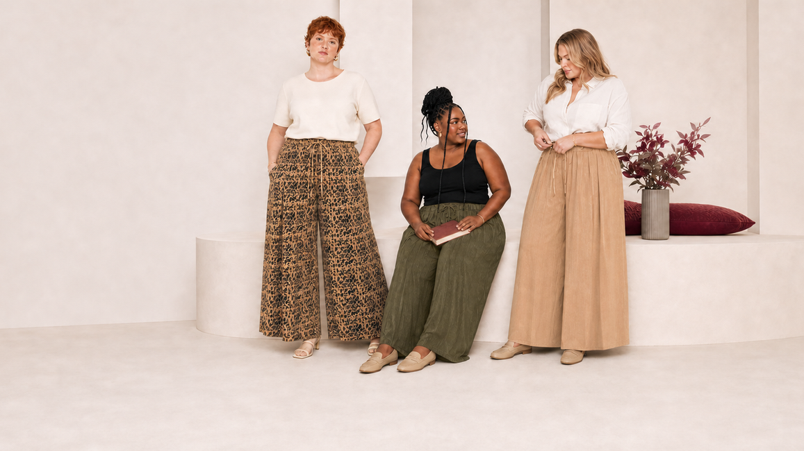 Three plus-size women in brown leopard, army green and apricot wide-leg pleated trousers