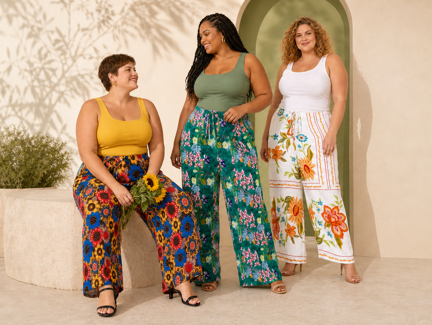 Three plus-size women wearing colourful floral pleated wide-leg trousers featuring sunflower-inspired, botanical and blooming garden prints.