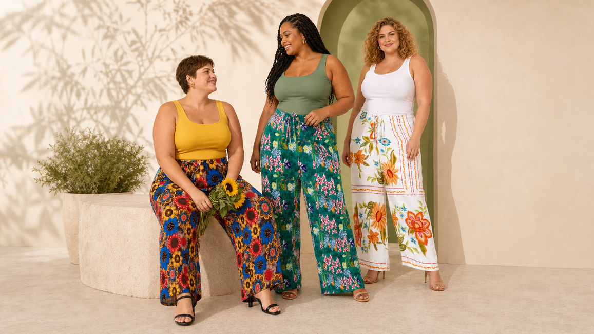 Three plus-size women wearing colourful floral pleated wide-leg trousers featuring sunflower-inspired, botanical and blooming garden prints.