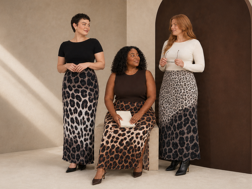 Three women wearing coordinated leopard ripple pleated skirts in cool taupe, warm caramel and monochrome, styled for early autumn.