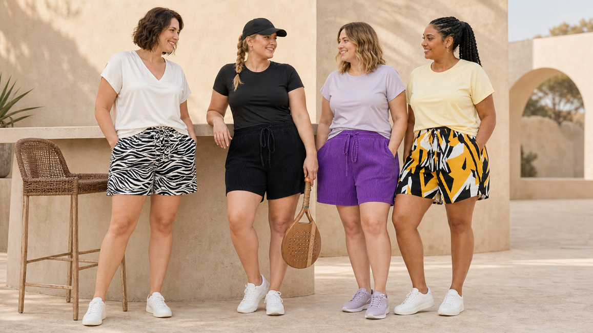 Four UK size 16 and 18 models styling black, purple, zebra-print and yellow-print relaxed shorts in a warm outdoor lounge setting.