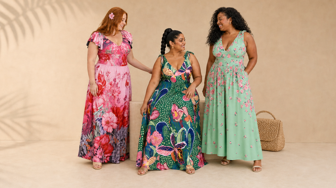 Three plus-size women wearing colourful floral one-piece swimsuits with coordinating long skirts in a warm summer studio