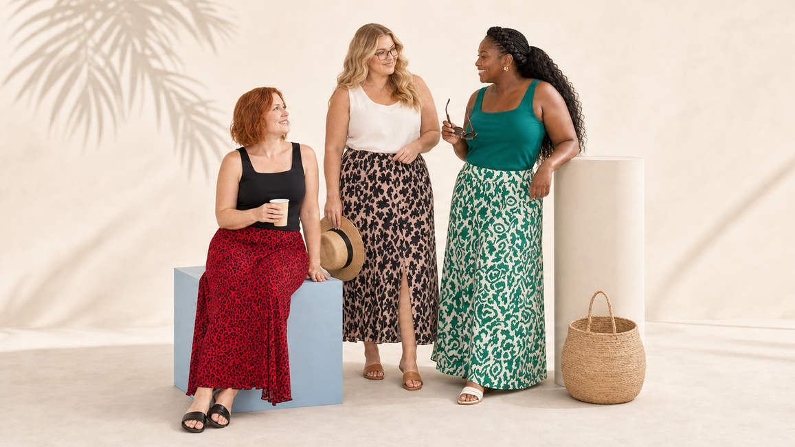 Three plus-size women wearing a red leopard skirt, a blush-and-black leaf skirt and a green printed maxi skirt in a bright summer studio.