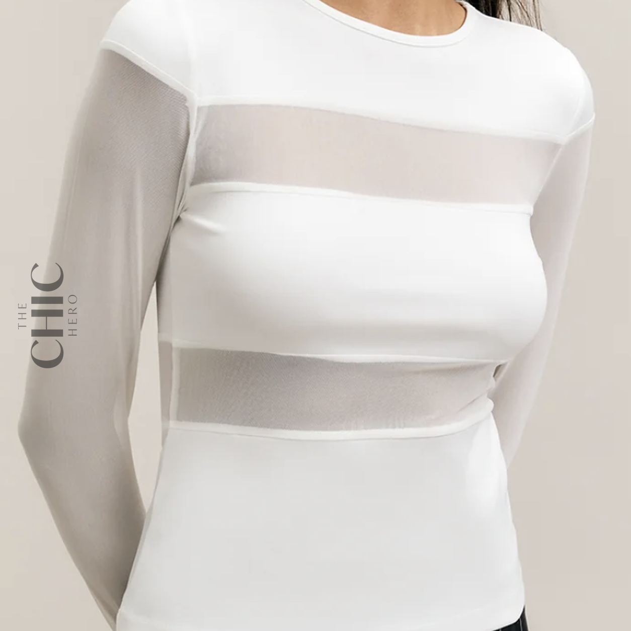 The Chic Hero White Sheer-Panel Long-Sleeve Top – Veil front product image