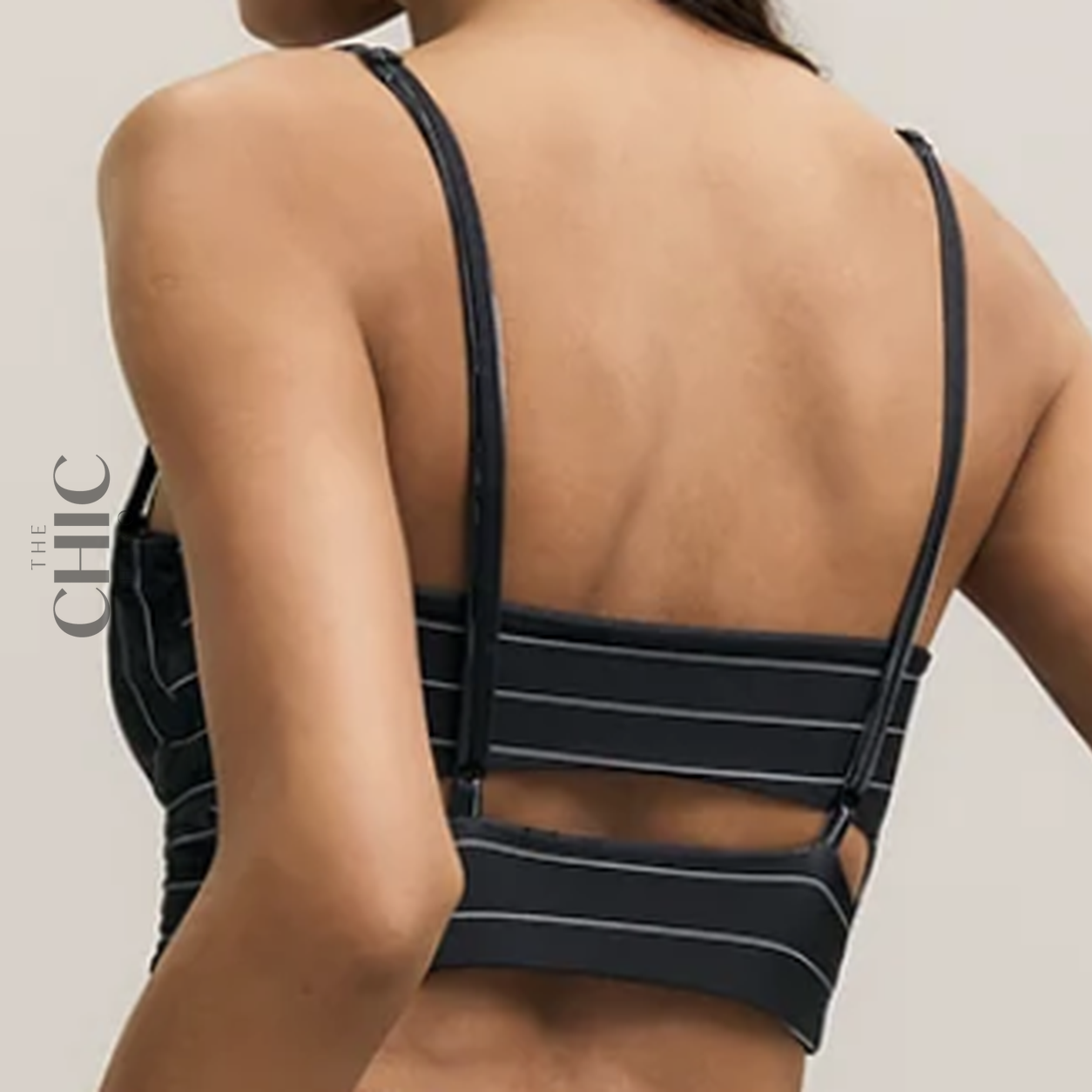 The Chic Hero Black Pinstripe Open-Back Sports Bra – Form front product image