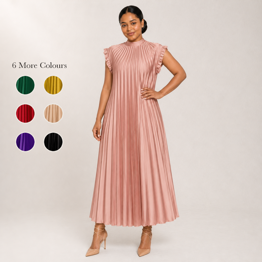 Pleated Maxi Dress with High Neck and Ruffle Sleeves