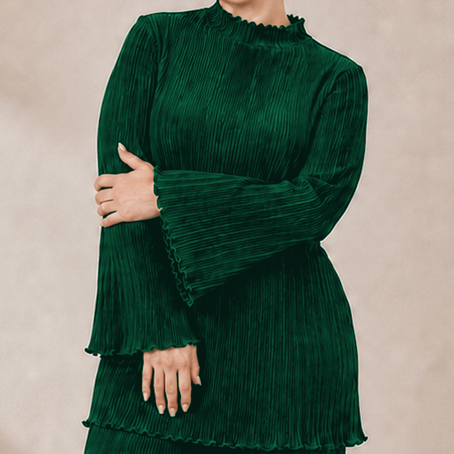 Elegant Pleated High Neck Flared Sleeve Top