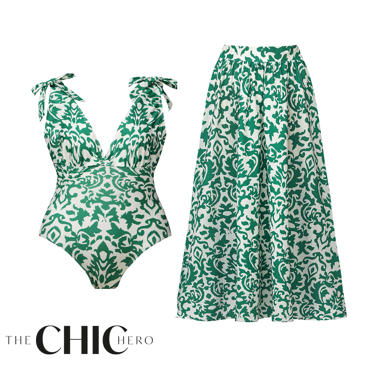 Green Boho Breeze floral tie-shoulder swimsuit and matching long skirt