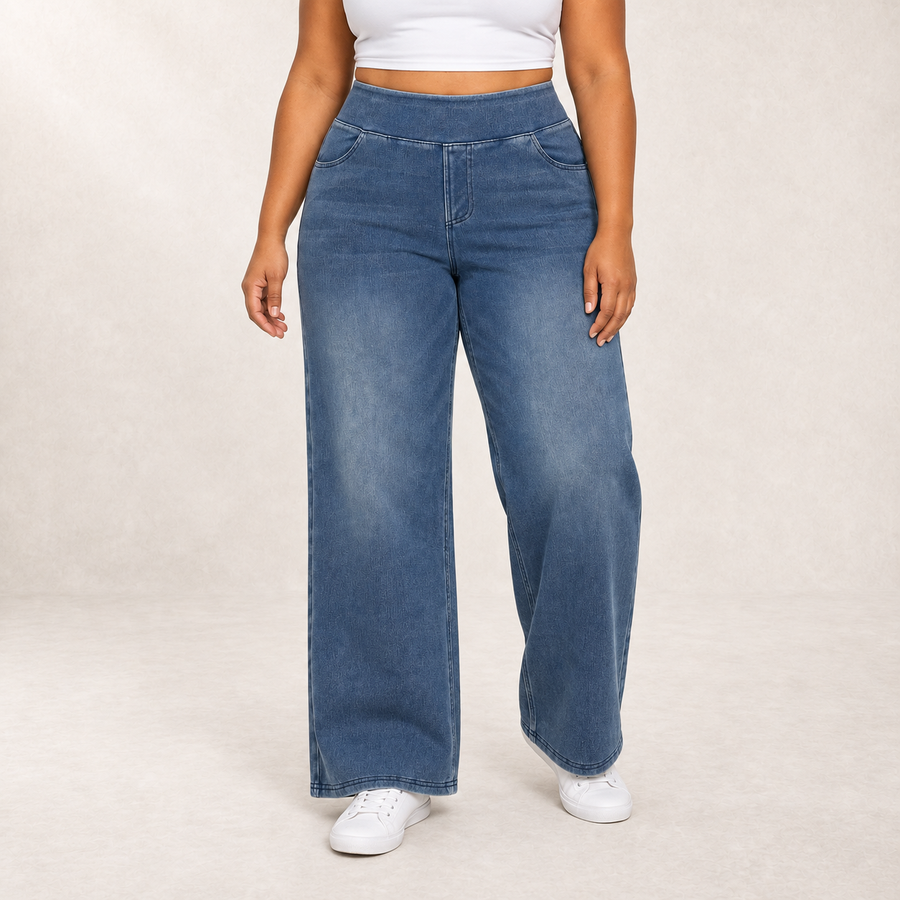 Pull-On Stretch Denim Wide-Leg Jeans