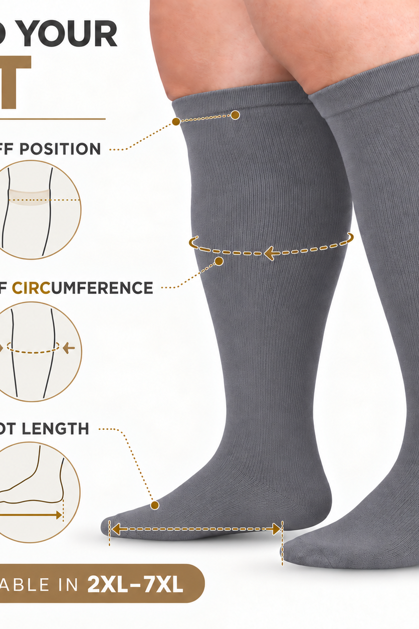 Grey Wide-Calf Graduated Compression Socks 15–24 mmHg – 2XL–7XL – how to measure