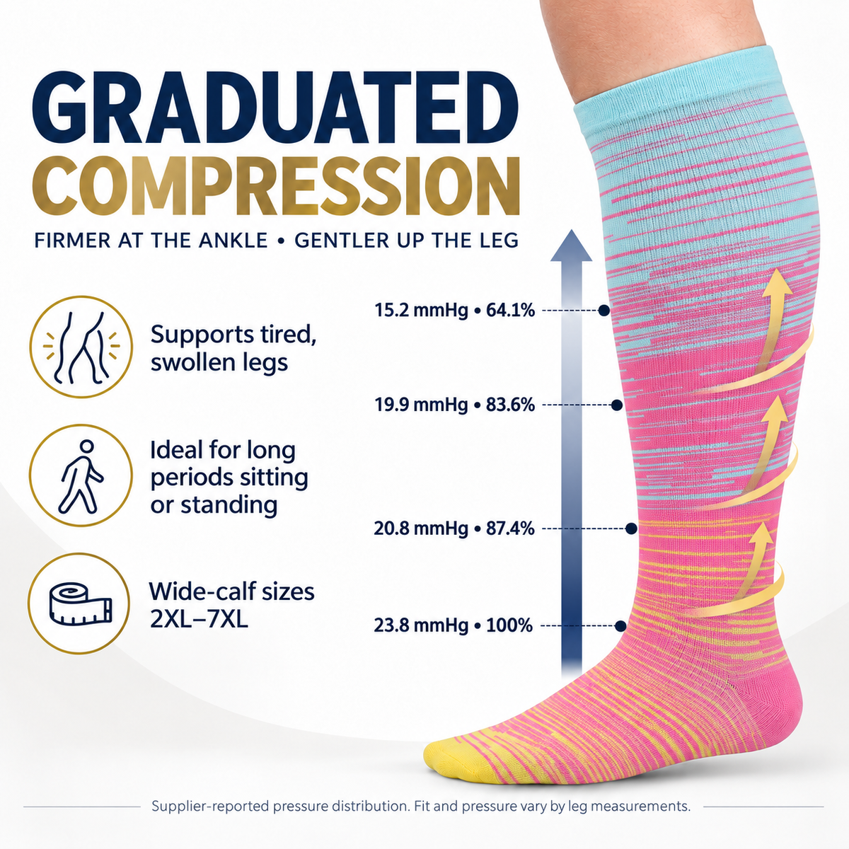 Blue & Pink Fine-Line Wide-Calf Graduated Compression Socks 15–24 mmHg – 2XL–7XL – graduated compression