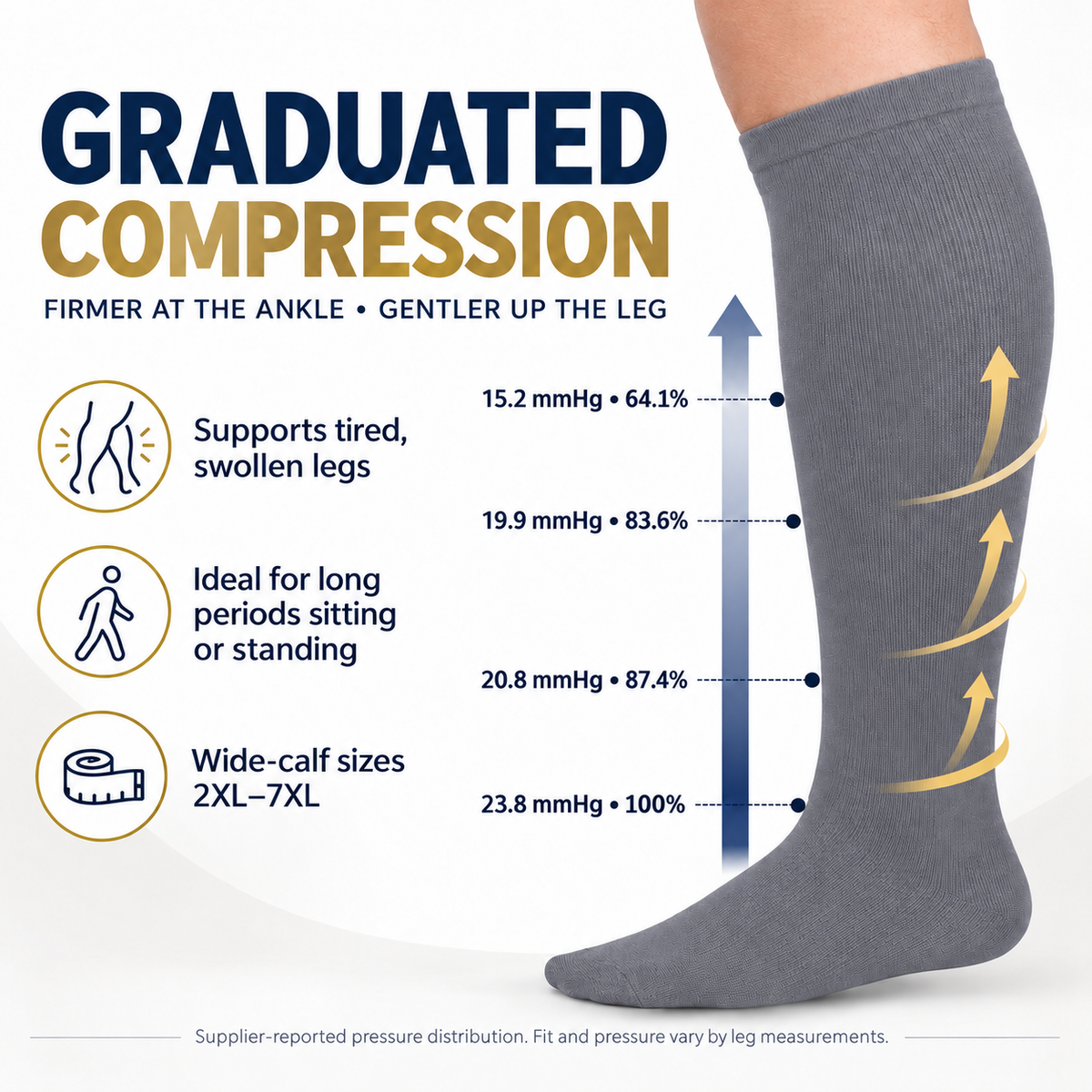 Grey Wide-Calf Graduated Compression Socks 15–24 mmHg – 2XL–7XL – graduated compression