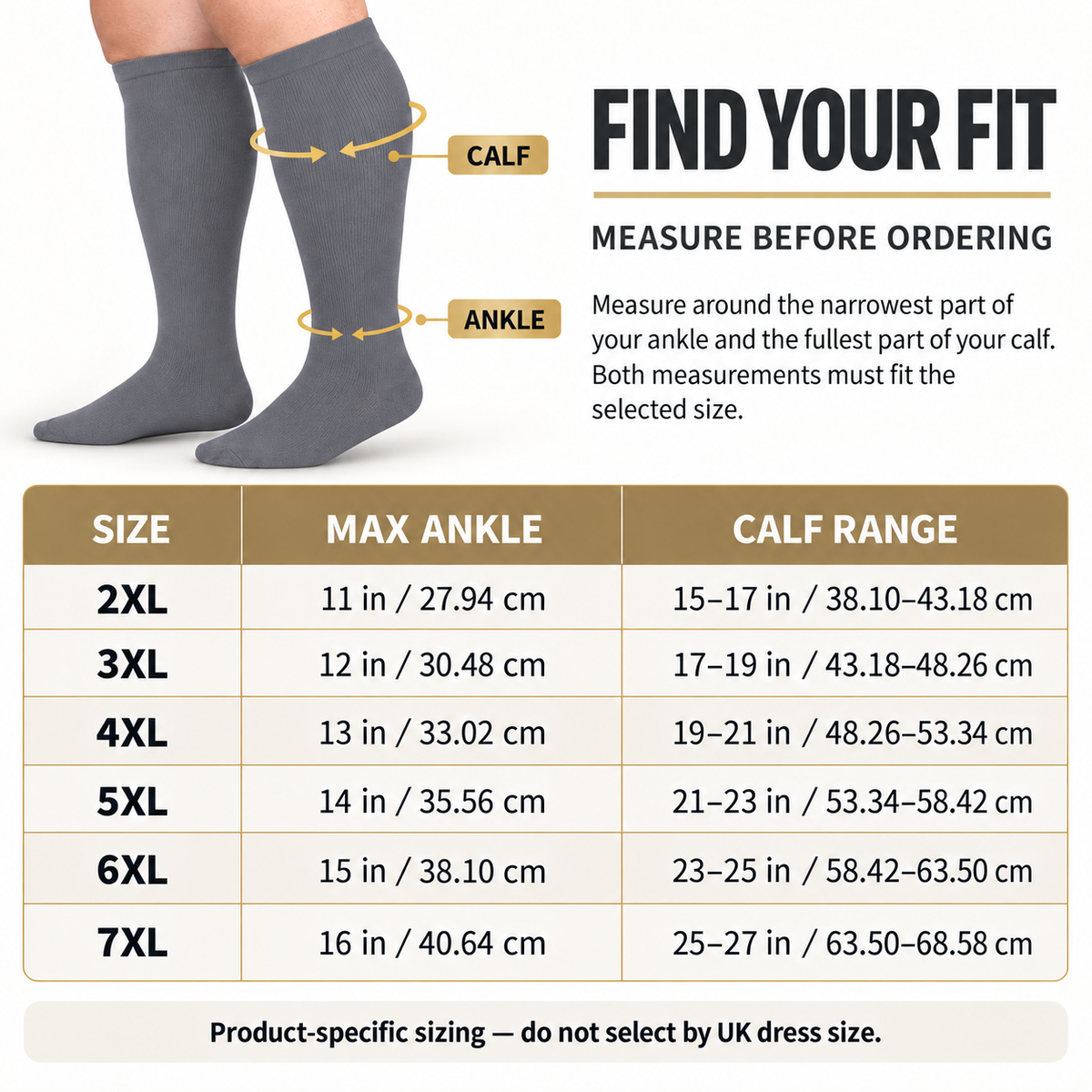Grey Wide-Calf Graduated Compression Socks 15–24 mmHg – 2XL–7XL – size guide