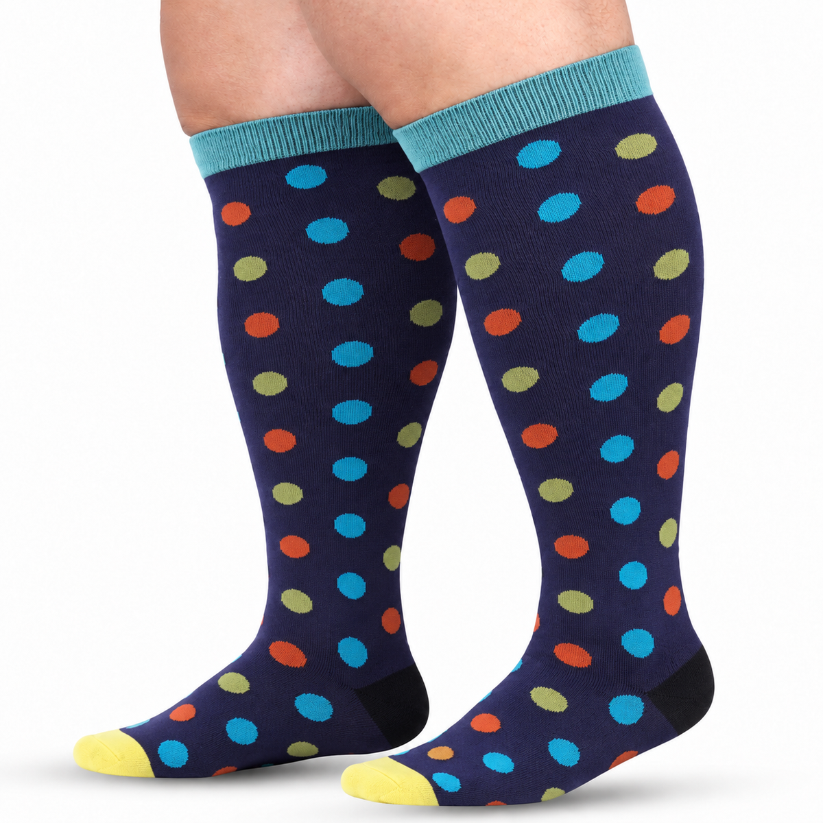 Multicolour Polka Dot Wide-Calf Graduated Compression Socks 15–24 mmHg – 2XL–7XL – white background model view