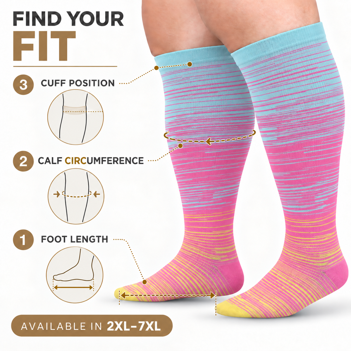 Blue & Pink Fine-Line Wide-Calf Graduated Compression Socks 15–24 mmHg – 2XL–7XL – how to measure