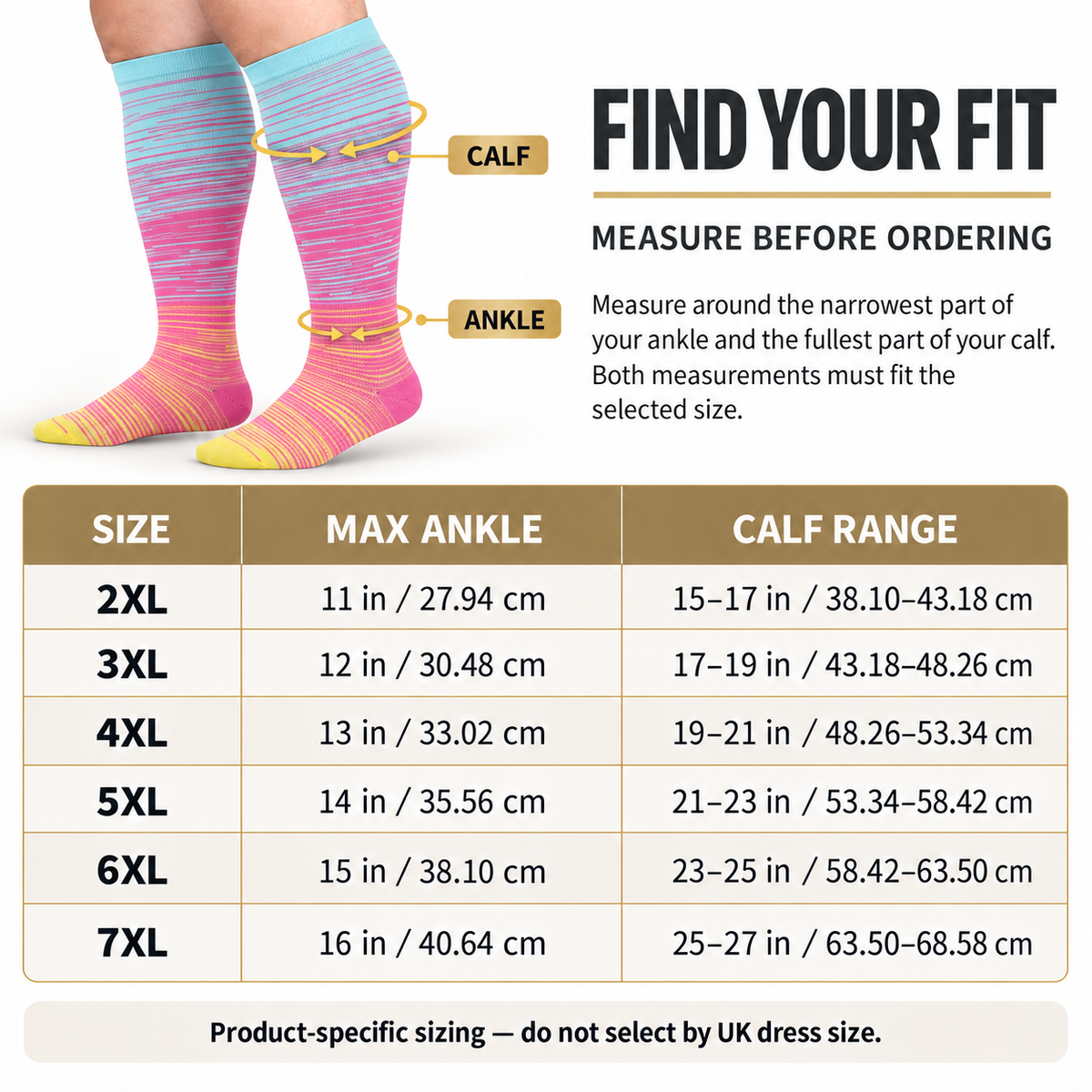 Blue & Pink Fine-Line Wide-Calf Graduated Compression Socks 15–24 mmHg – 2XL–7XL – size guide