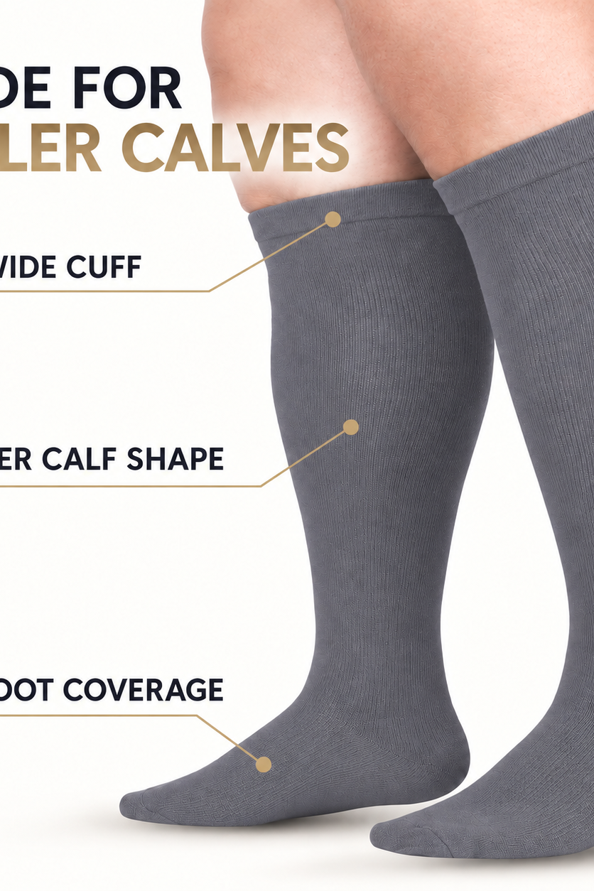 Grey Wide-Calf Graduated Compression Socks 15–24 mmHg – 2XL–7XL – features