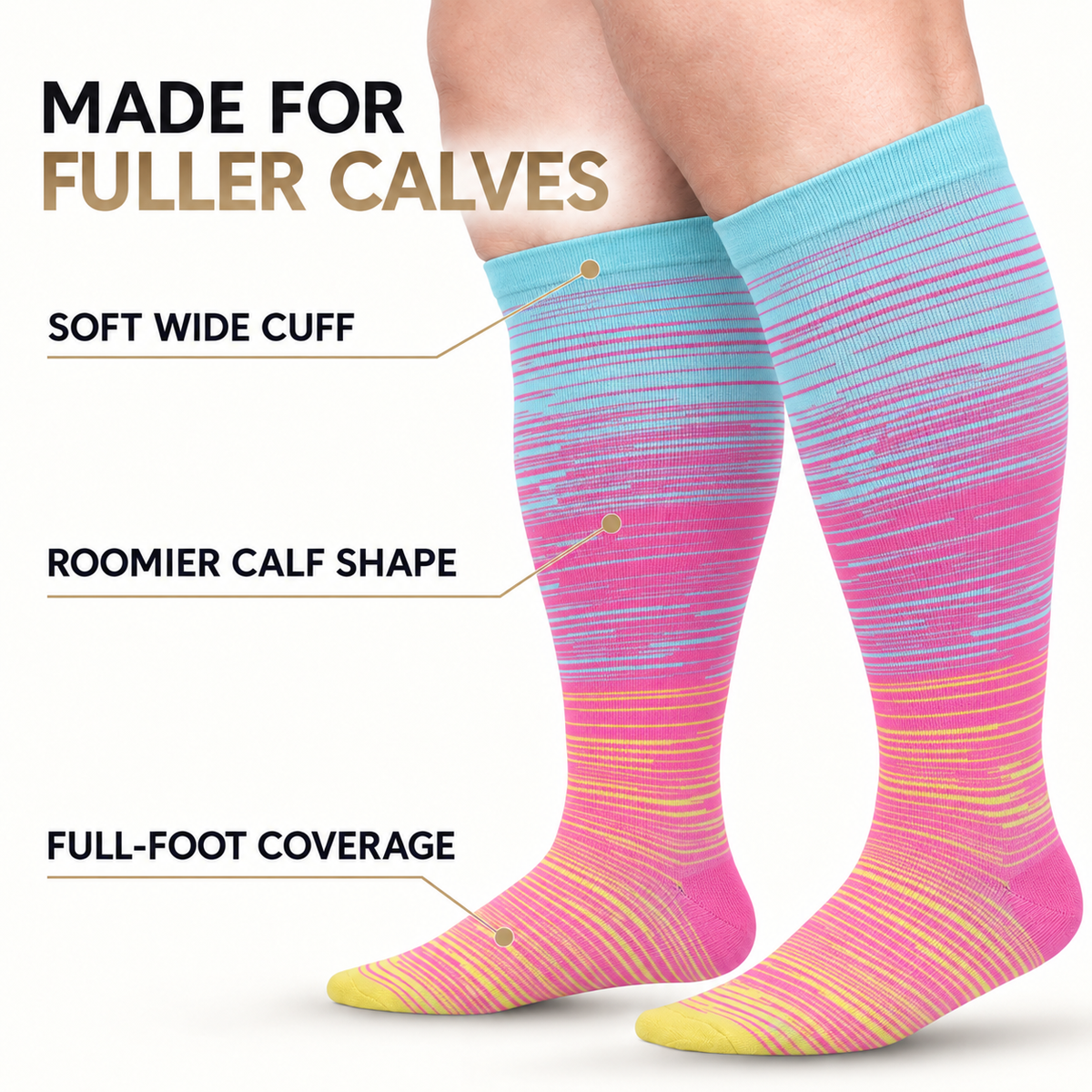 Blue & Pink Fine-Line Wide-Calf Graduated Compression Socks 15–24 mmHg – 2XL–7XL – features