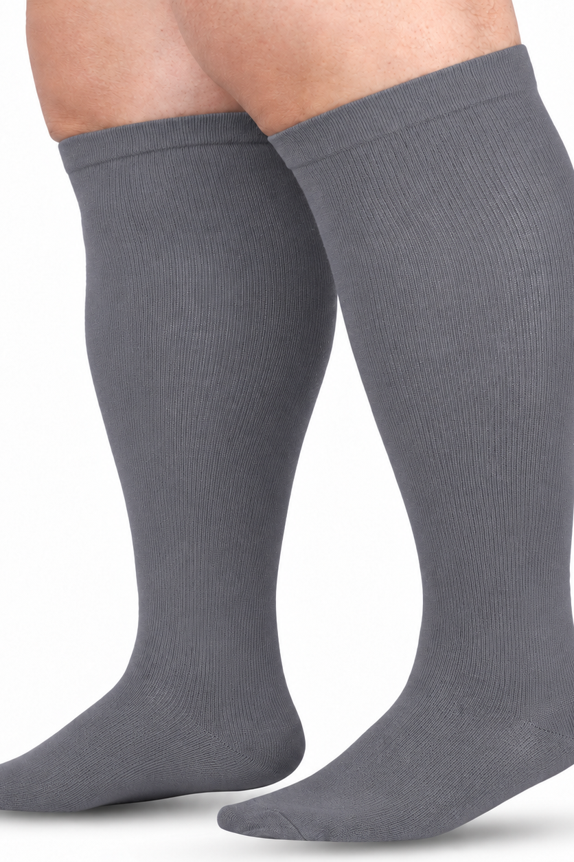 Grey Wide-Calf Graduated Compression Socks 15–24 mmHg – 2XL–7XL – white background model view