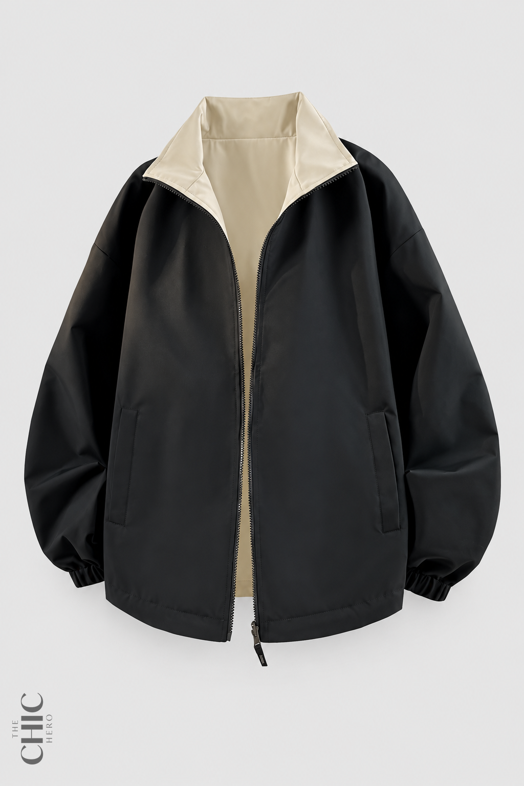 Black and Beige unisex reversible oversized windproof jacket, front product view.