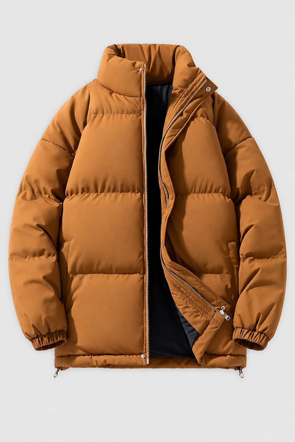 Unisex oversized brown stand collar padded winter jacket, front view