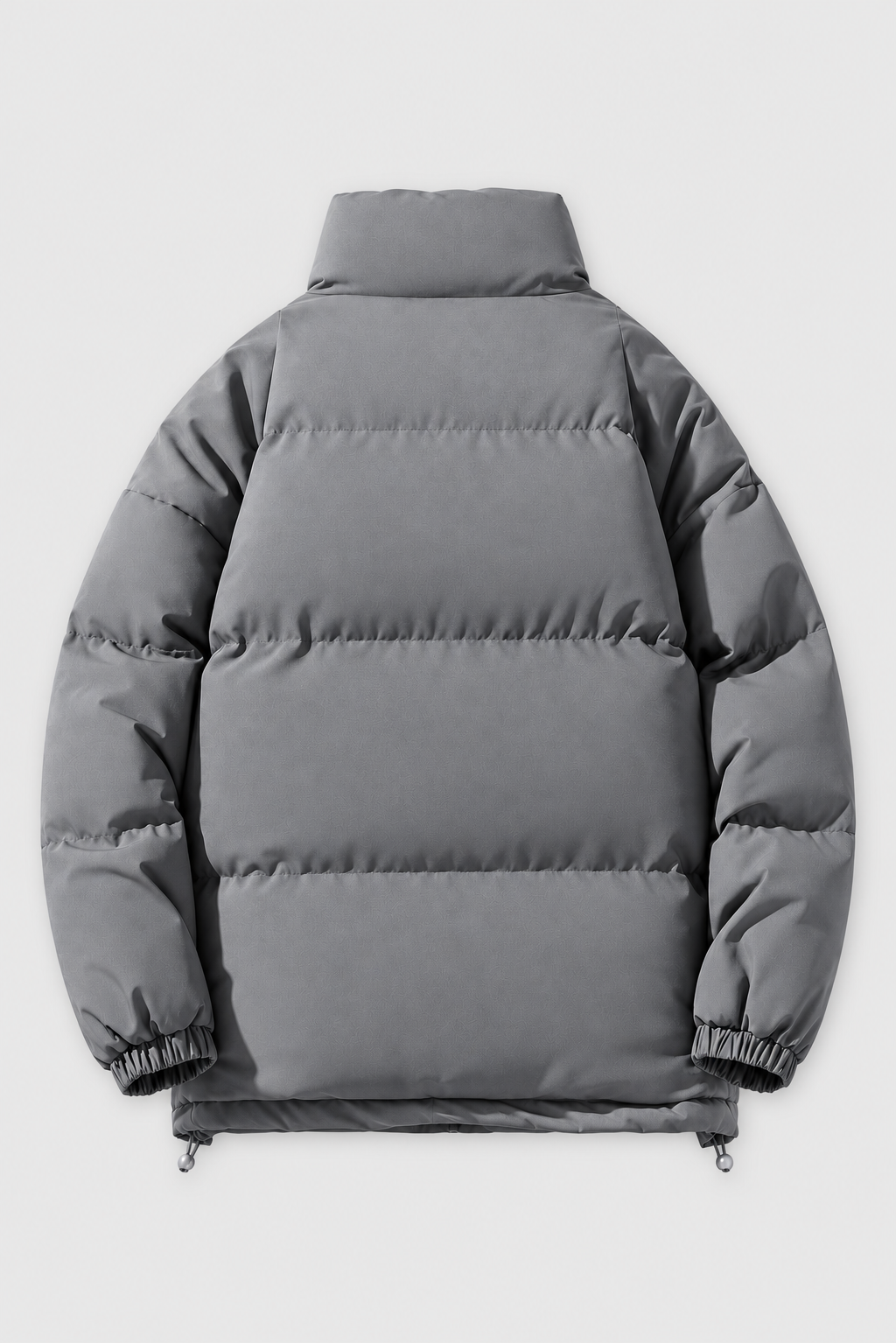 Unisex oversized grey stand collar padded winter jacket, back view