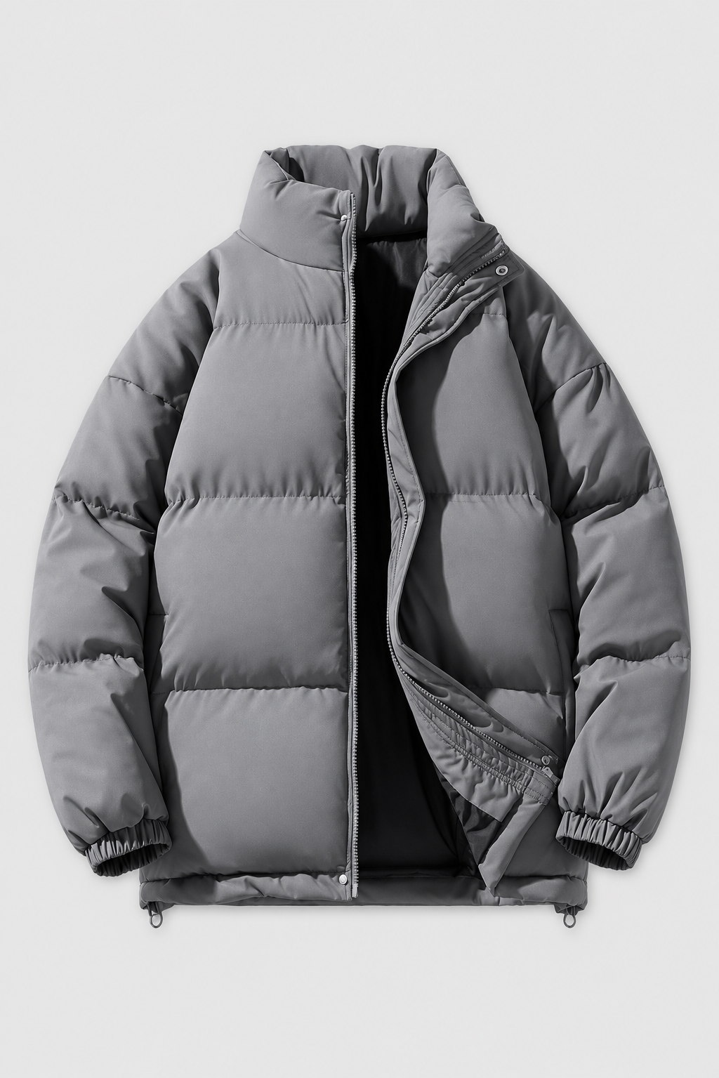 Unisex oversized grey stand collar padded winter jacket, front view