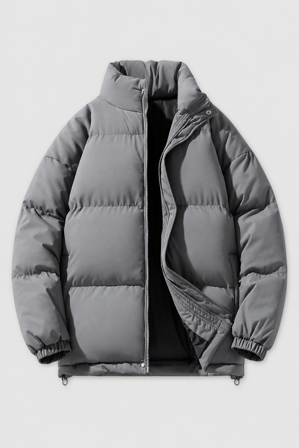 Unisex oversized grey stand collar padded winter jacket, front view