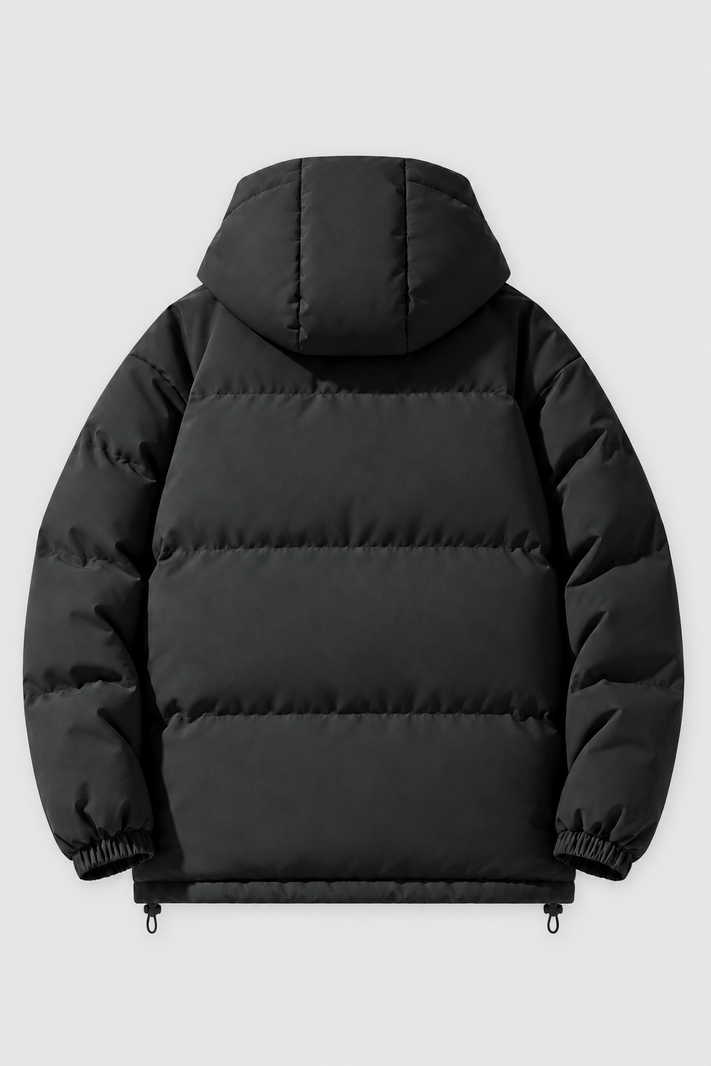 Unisex oversized black hooded padded winter jacket, back view