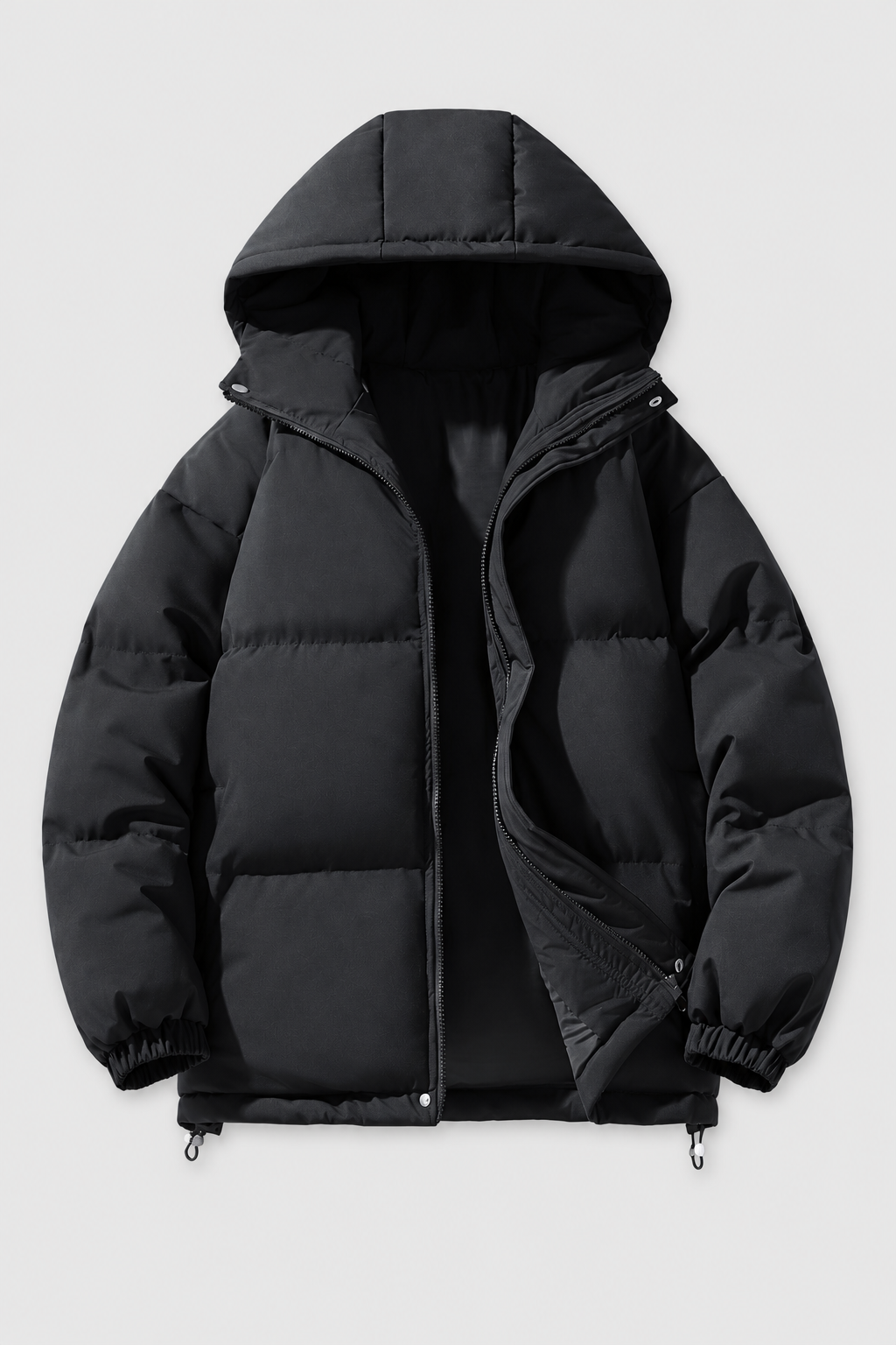 Unisex oversized black hooded padded winter jacket, front view