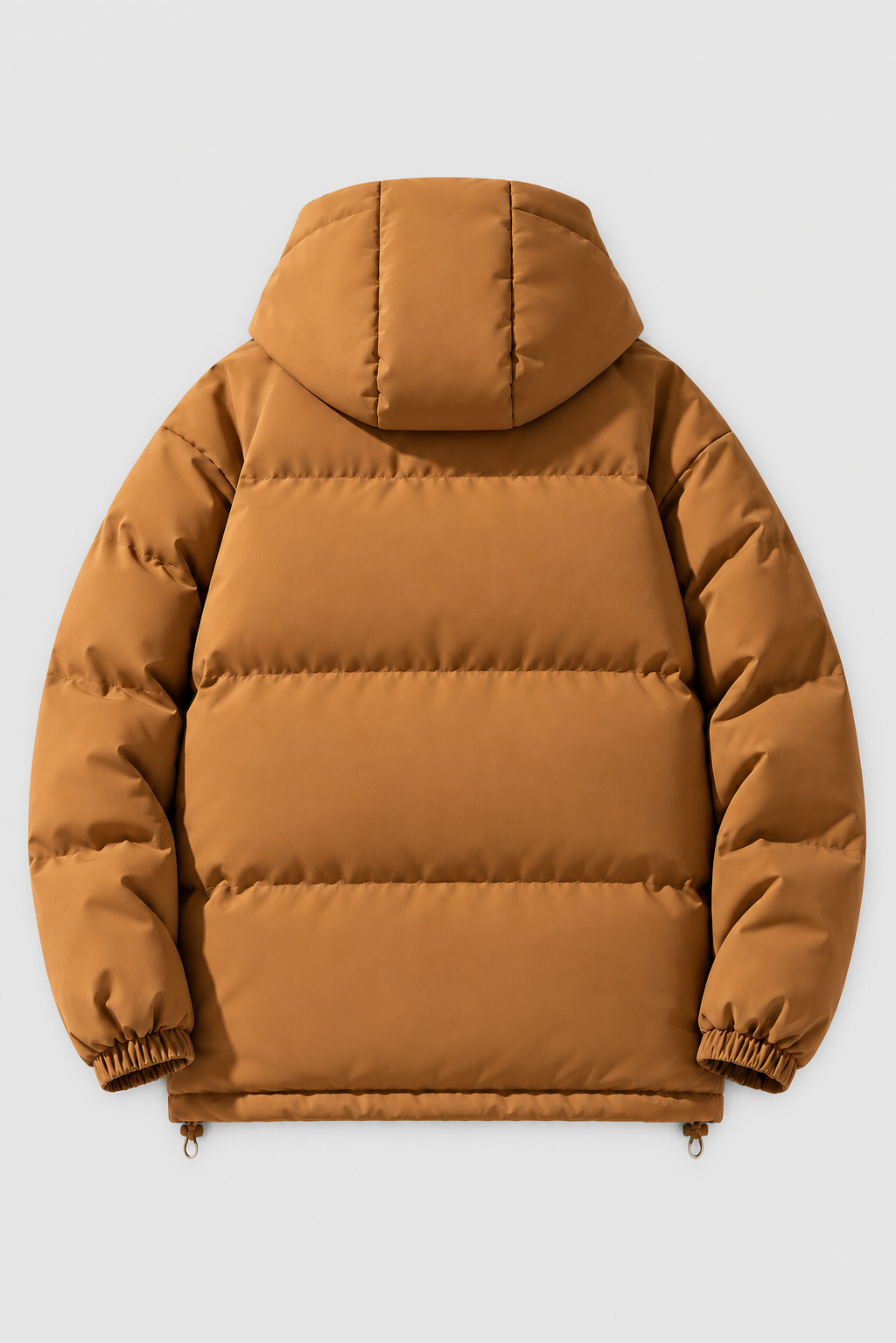 Unisex oversized brown hooded padded winter jacket, back view
