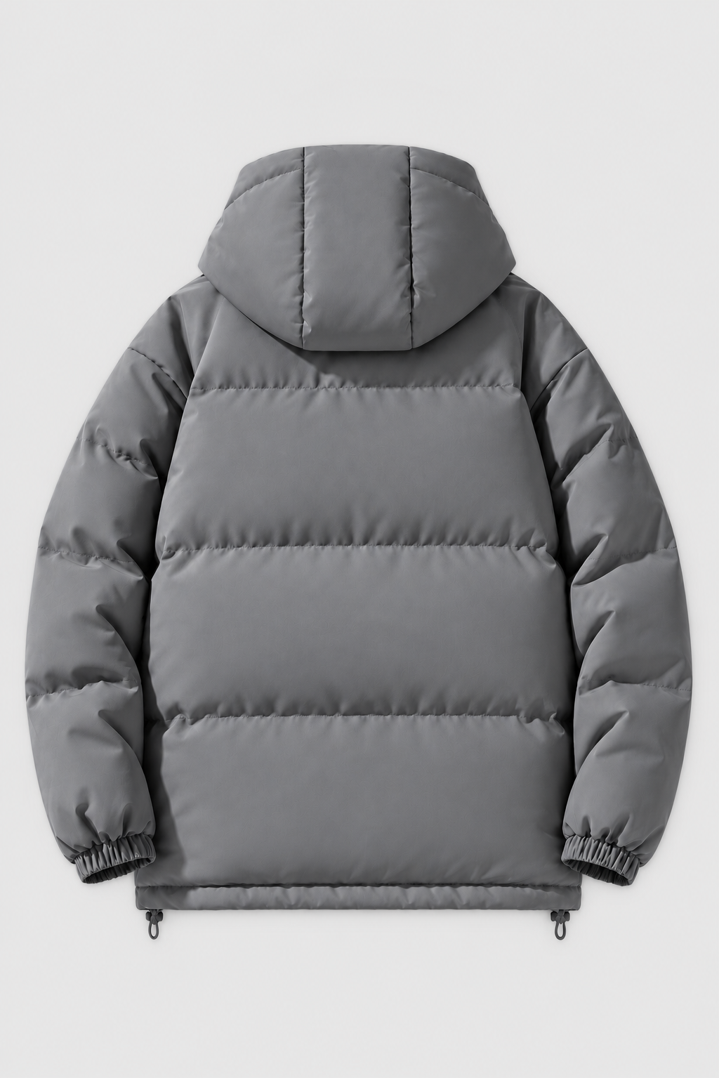 Unisex oversized grey hooded padded winter jacket, back view