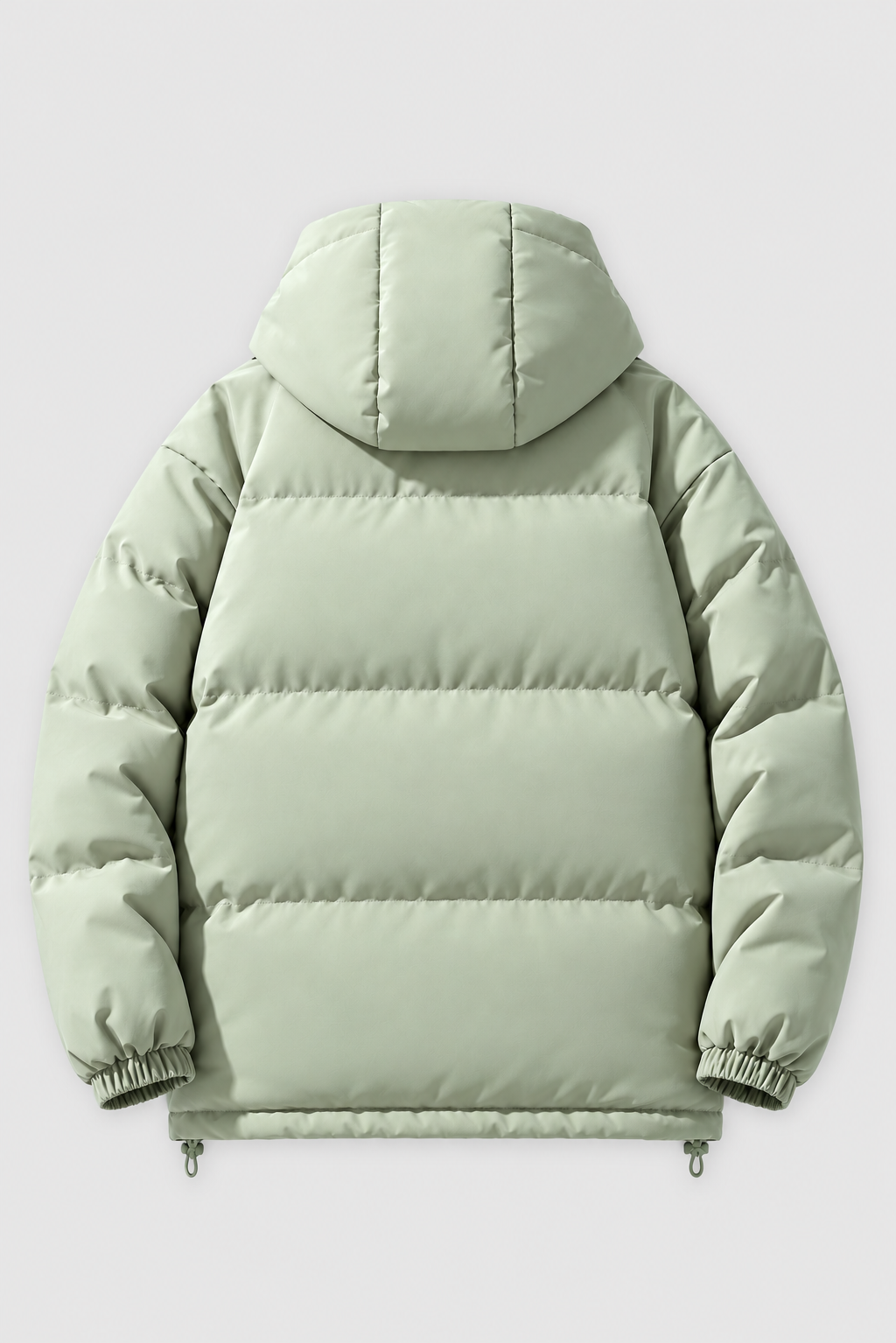 Unisex oversized sage green hooded padded winter jacket, back view