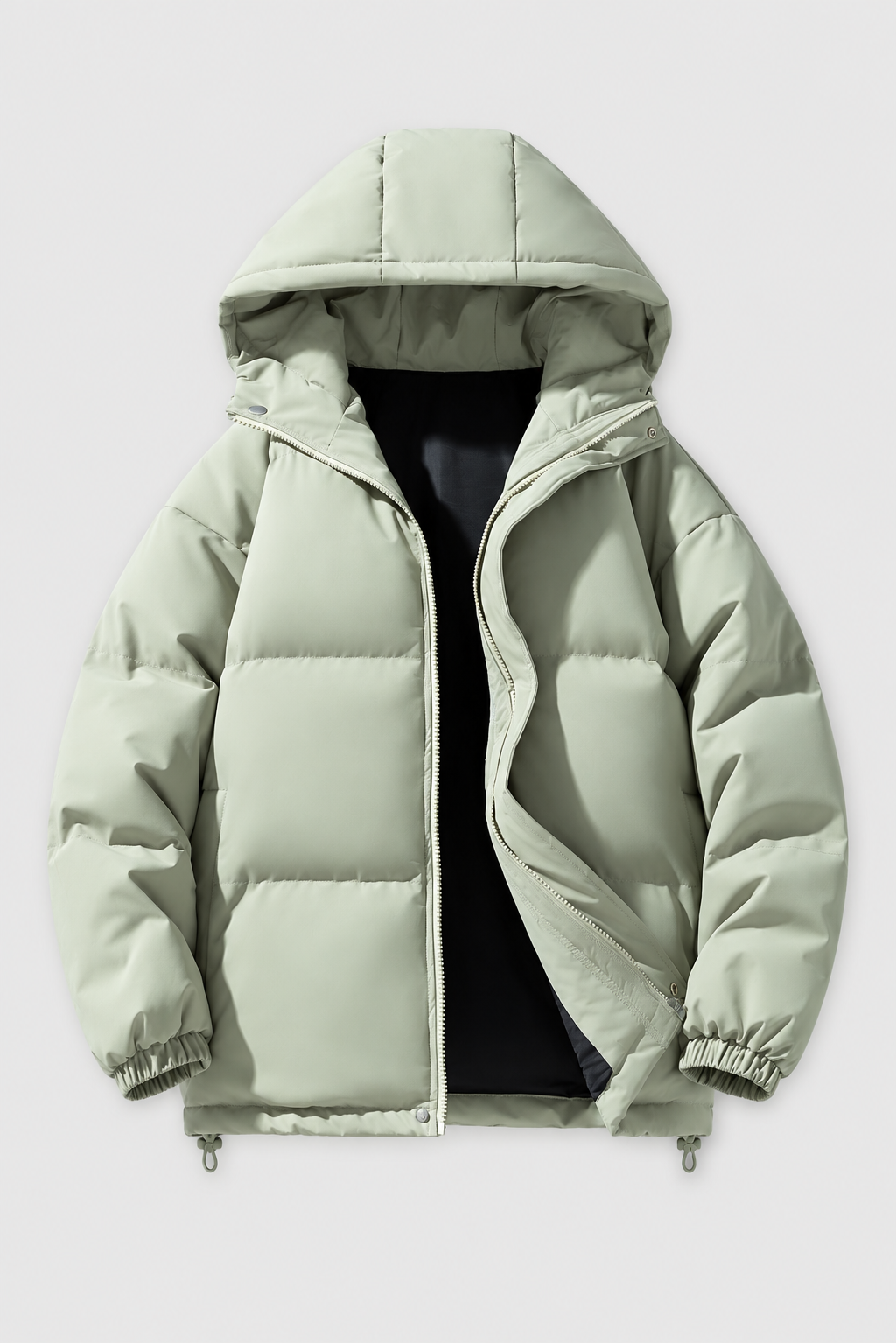 Unisex oversized sage green hooded padded winter jacket, front view