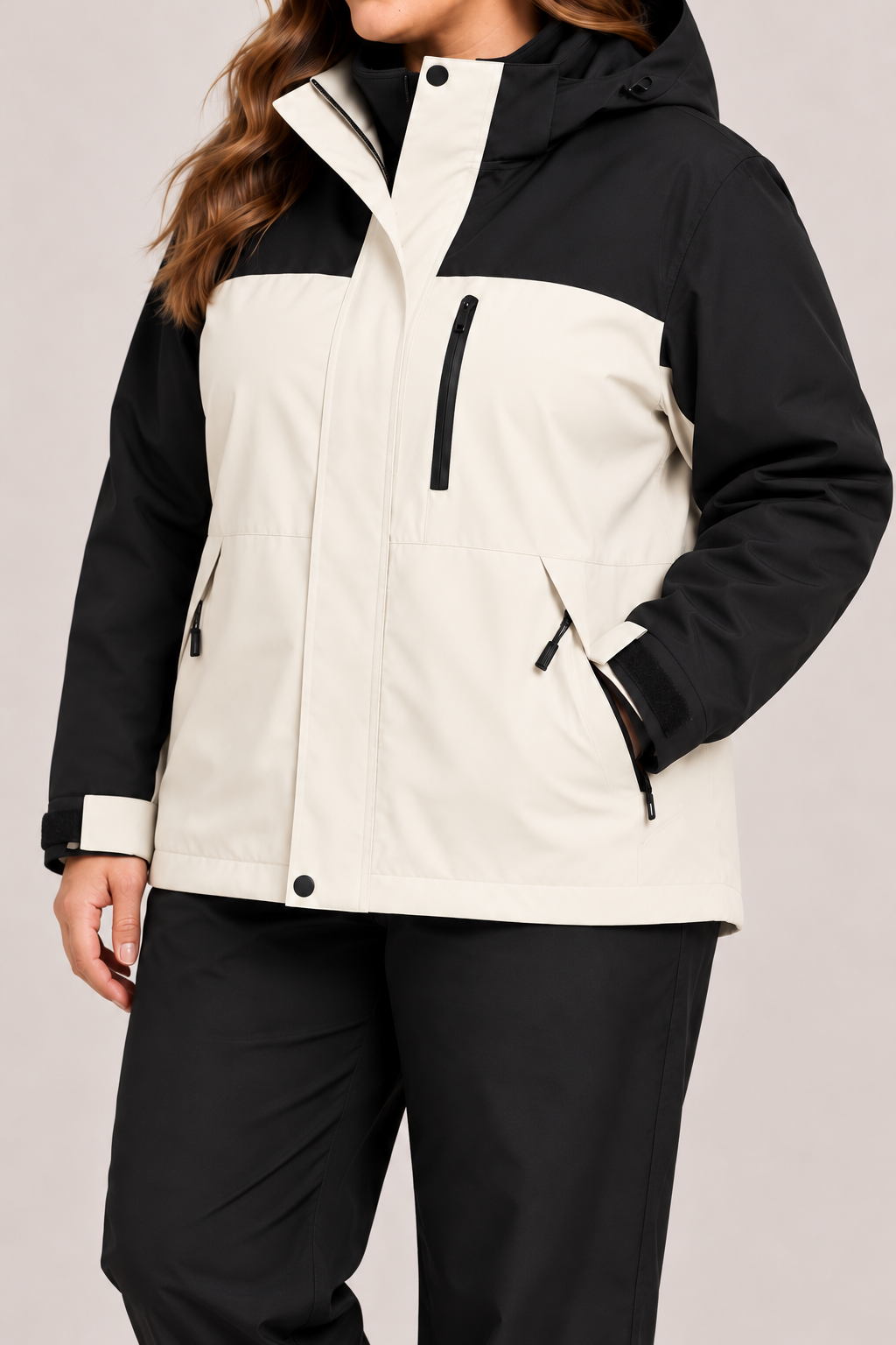 Plus size model wearing Warm White and Black 3-in-1 jacket