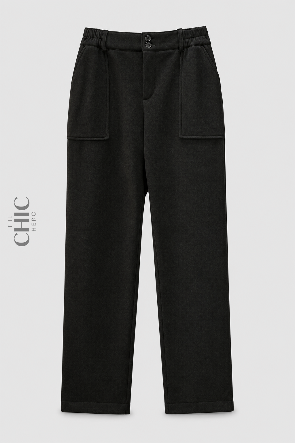Plus size black fleece-lined relaxed trousers with double-button waist and patch pockets, front view
