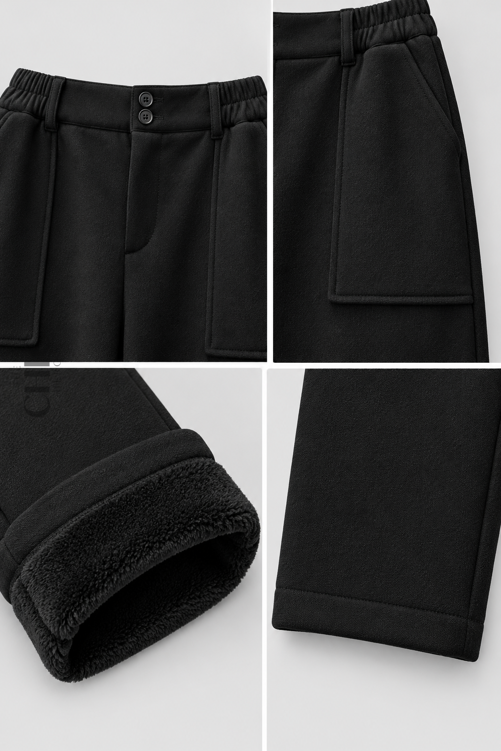 Black fleece-lined trousers showing double-button waist, patch pocket, plush lining and hem details