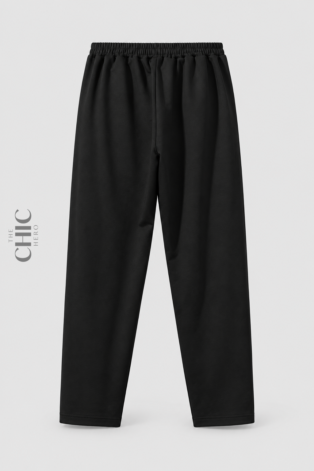Back view of women's plus size black pull-on straight-leg trousers with a plain elasticated waist