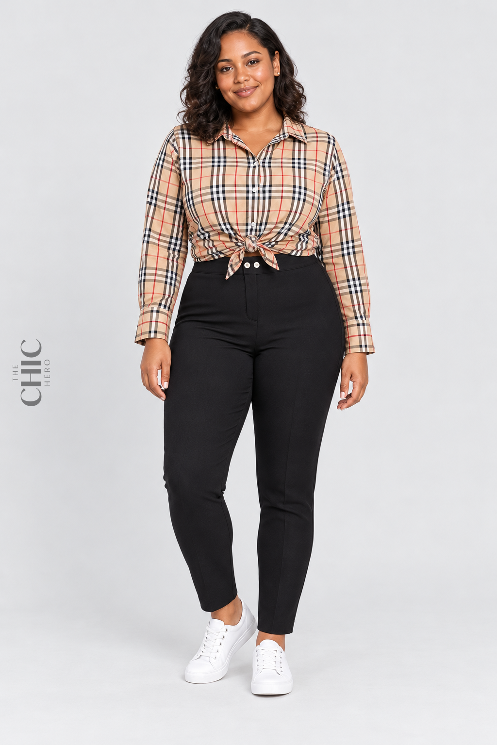 Black plus size high-rise stretch pencil trousers styled with a plaid shirt and white trainers