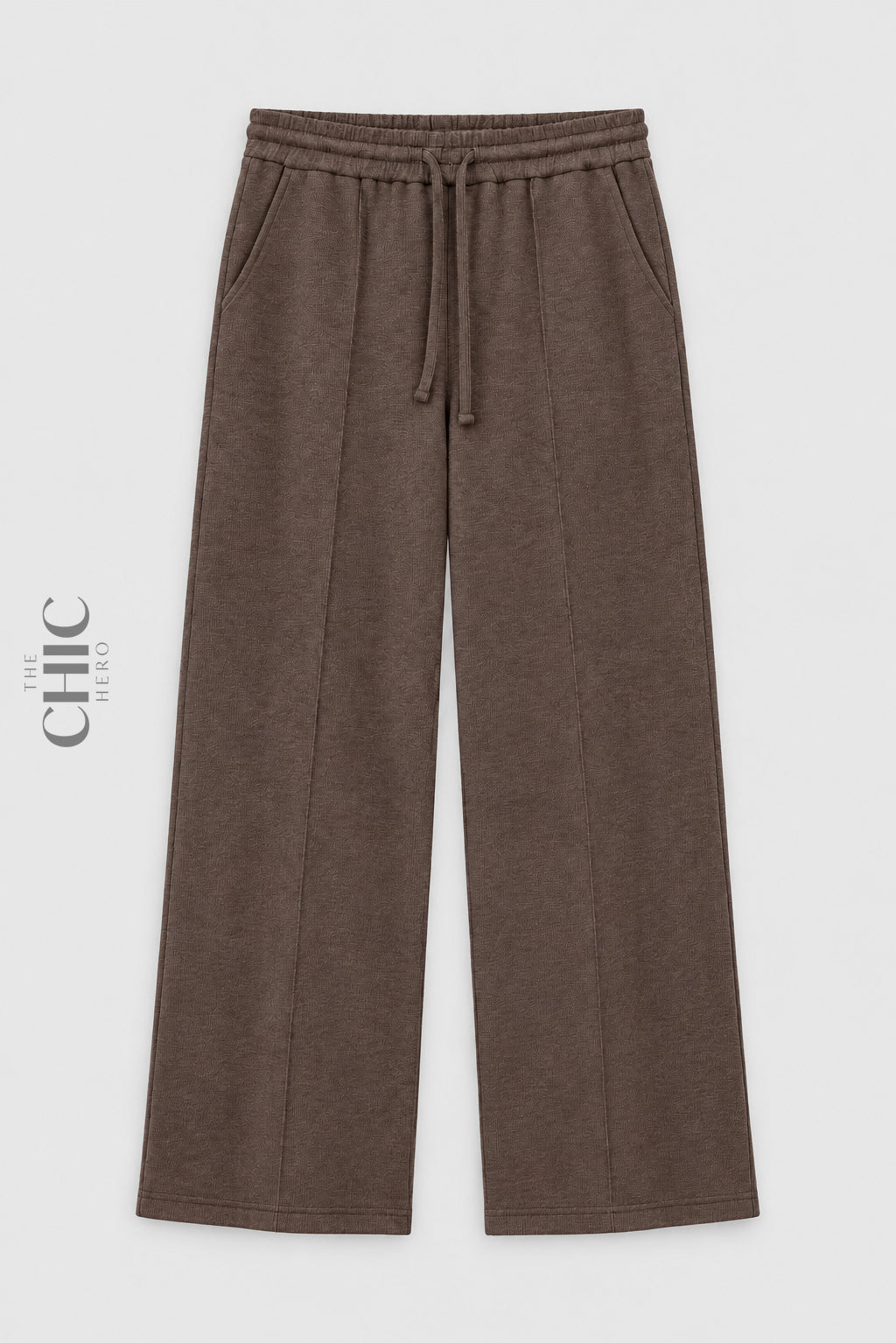 Coffee brown ribbed wide-leg trousers front view with drawstring waist and pockets