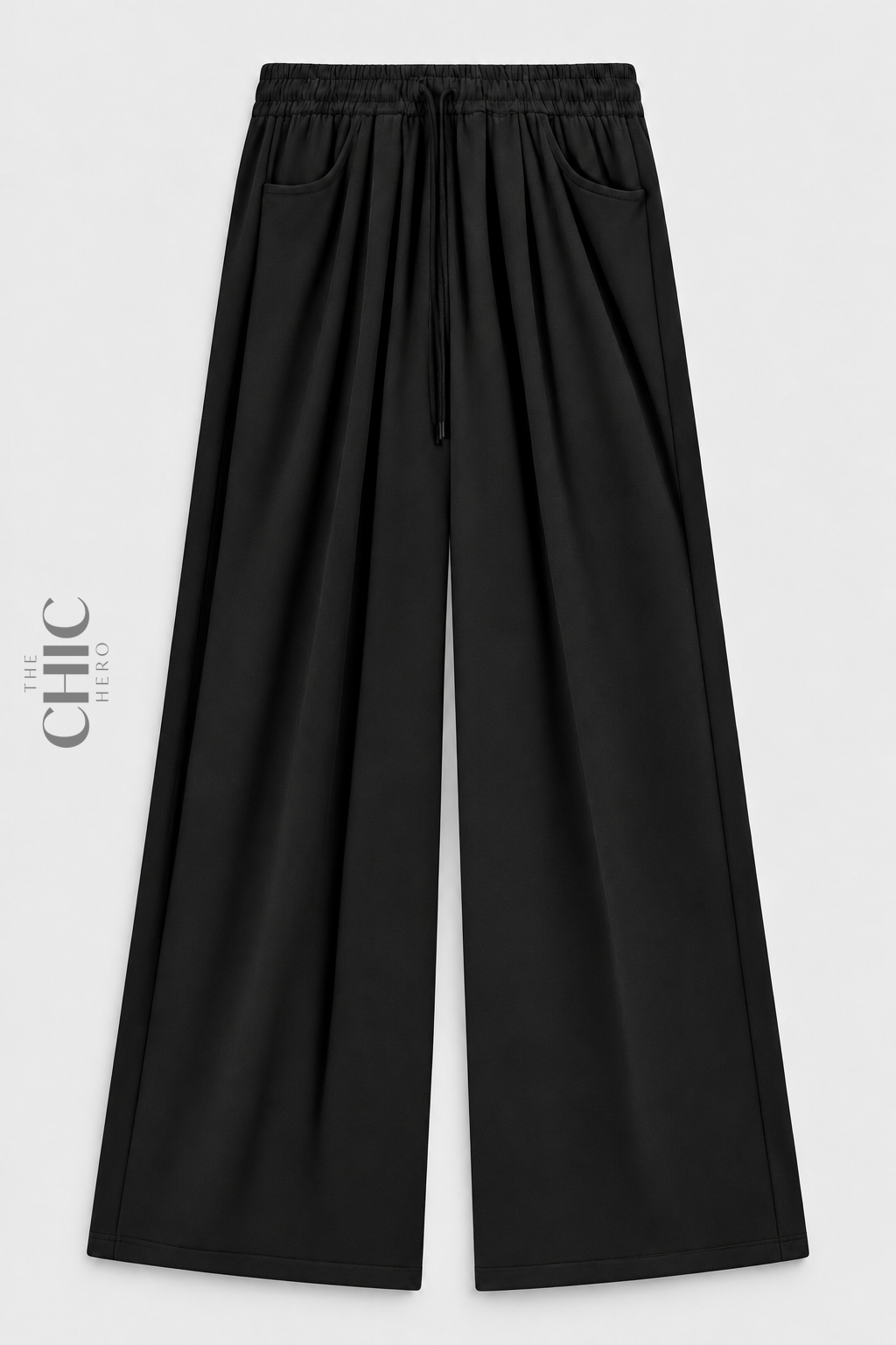 Long black fleece-lined wide-leg trousers front product view